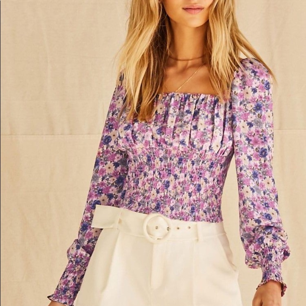 NWT Women's Purple Smocked Floral Gigot Sleeve Top size S